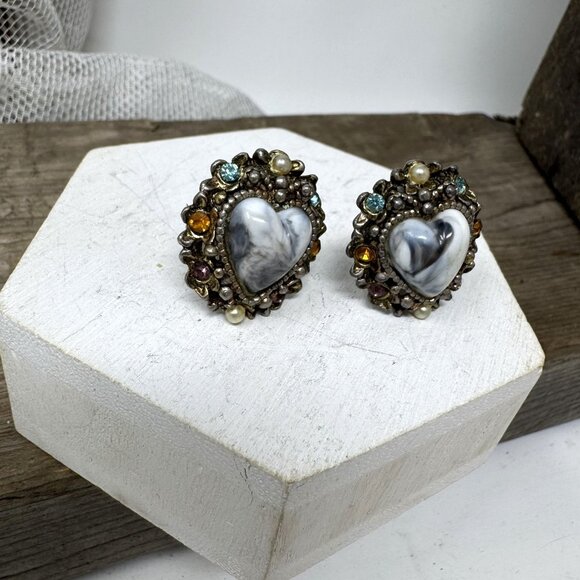 Vintage Heart Clip-On Earrings With Marbled Center & Rhinestone Accents Silverto - Picture 3 of 6